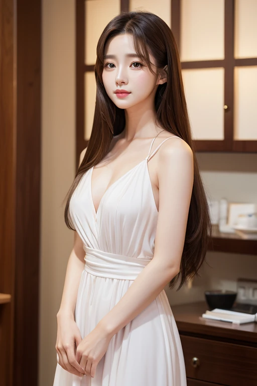  realistic pictures ( 1 cute Korean actress) Long straight hair, light makeup,  medium breasts,  long dress ,  close, Canon EOS clear face 8K high resolution,  sharp details , Realistically