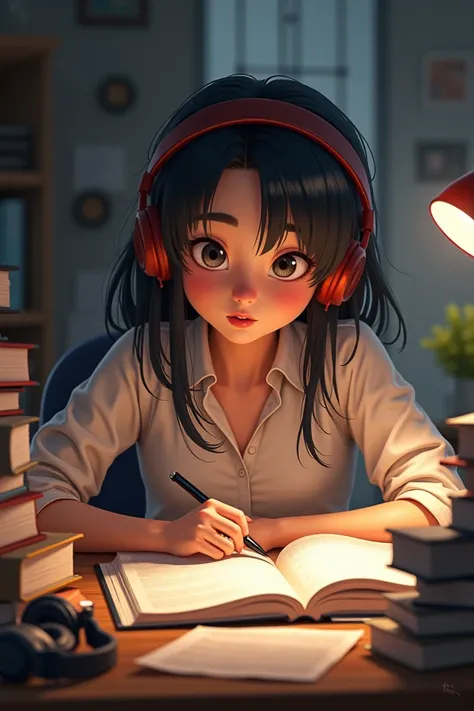 back of a girl studying, wearing headphones, on the table is a pile of books, intellectual vibe