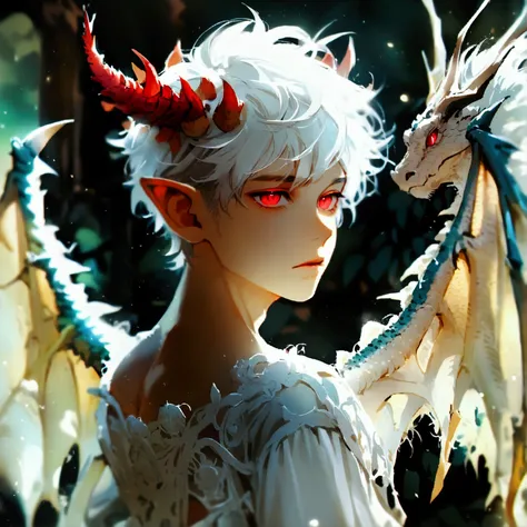 A young man of college age, short white hair, red eyes, wearing a white dress, behind him with dragon wings and a dragon tail on his head, with dragon horns.