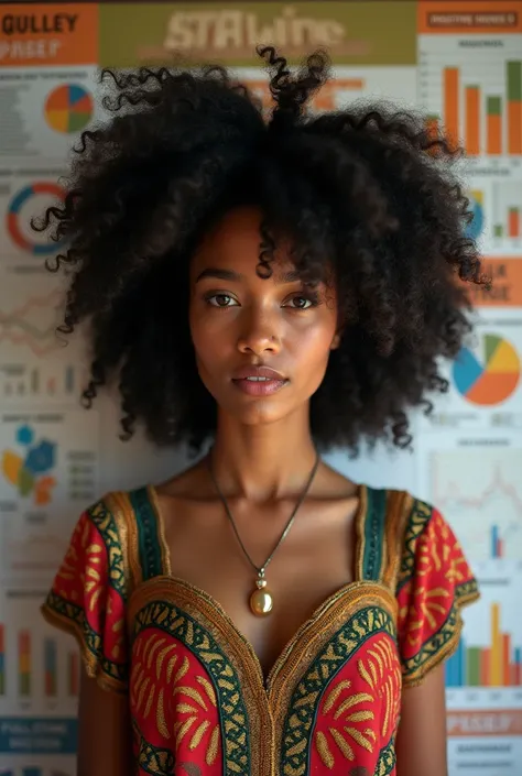 A girl with black curly not kinky hair wearing classy Malagasy traditional dress with a better view of positive statistics on a board behind her