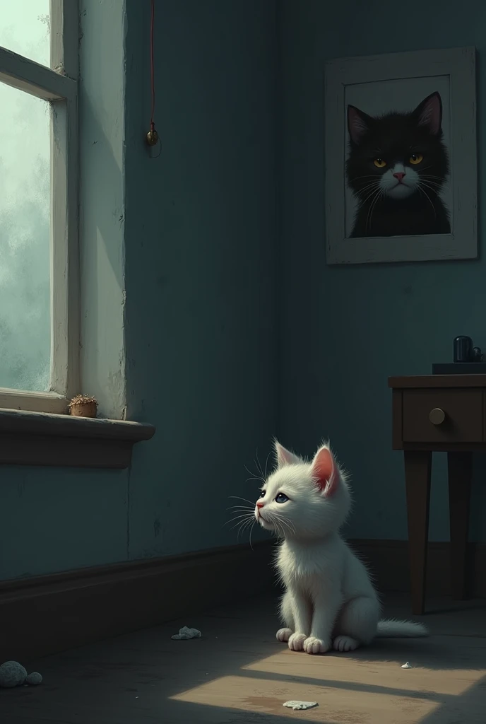   "A lonely kitten sitting in a corner of a room, looking out the window with sad eyes. The room is dimly lit, and there is a poster on the wall showing the same kitten, but this time, it looks forlorn and sad. The atmosphere is quiet and heavy, with soft ...