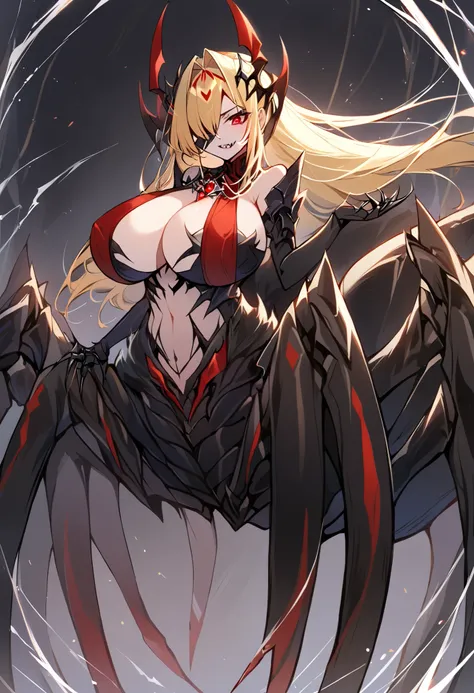 1girl, spider queen, Arachne, Arachne queen, black spider body, long hair, hair intakes, hair over one eye, red eyes, 3 eyes, sharp claws, chitin dress, center opening, huge breast, big sharp chitinous spider legs, sharp teeth, female monster, giant girl, ...