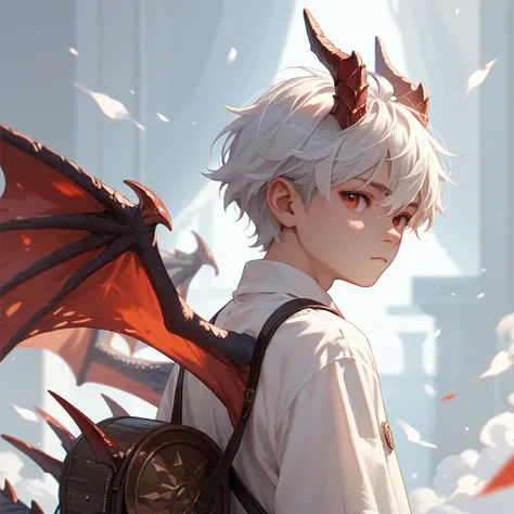 A young man of college age, short white hair, red eyes, wearing a white dress, behind him with dragon wings and a dragon tail on his head, with dragon horns.