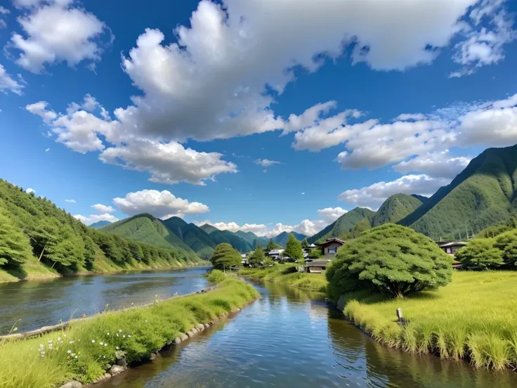 2K HD quality，女の子が農roadを歩いています， ummer clothes，Japanese countryside，river，forest， Takayama， road， blue sky and white clouds , lake, rivers，And the mountain々，rural residence