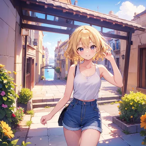 (masterpiece,  best quality: 1.5),from below :1.3,   upper body,  1 beautiful girl , Alone,  blonde alone,  ( tank top 、 Shorts :1.3),  Summer clothes ,   blonde alone hair,  Short Hair ,  Curly hair,  hair that flutters like, Keep your head small, (Age 15...