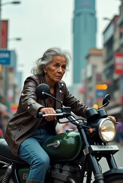 An 80 year old woman with gray hair wearing a leather jacket and jeans and boots, is riding a motorbike in a big city in Indonesia.  Portrait seen from the side of the camera 