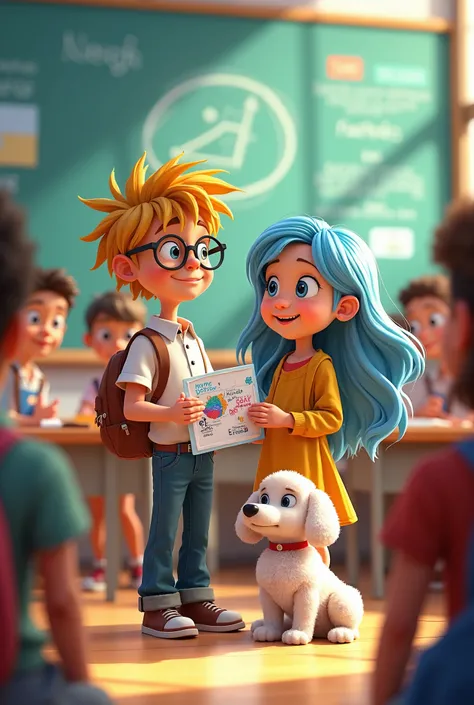 a boy  with blond hair and glasses and a girl with light blue hair and a poodle dog presenting a big intention to other students in the classroom.  animation style