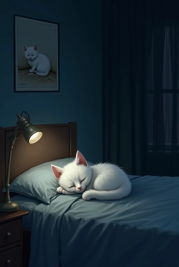 "A white kitten curled up on a bed, eyes closed, looking very sad and tired. The room is dark, with only a small lamp casting a dim light. A poster on the wall shows the kitten in a sad pose, adding to the somber atmosphere. The room feels quiet, as if the...