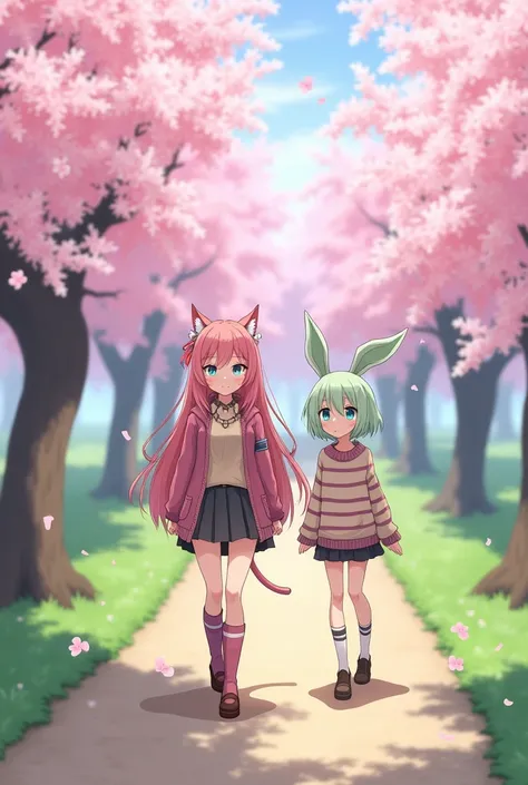 In a vibrant cherry blossom park, two animated characters stroll along a scenic path. The first character has pink hair and cat ears, exuding a whimsical charm, wearing a stylish layered outfit. The second character features pastel green hair and bunny ear...