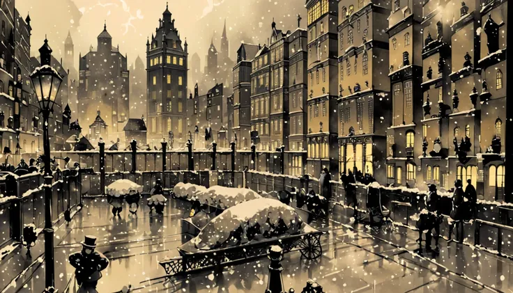 big city under the snow at night, detail richness, masterpiece, best quality, Charles Dickens, 1870