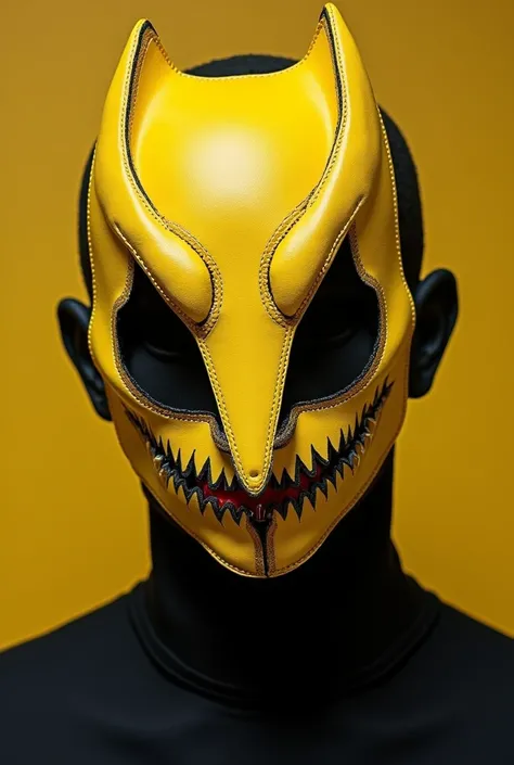 A mask with the Dorohedoro manga design I want a mask with a unique shape, dark yellow , The material would be leather,  as special features would be a disturbing smile with embroidery ,  I want a mysterious mask intimidating and disturbing , No nose.