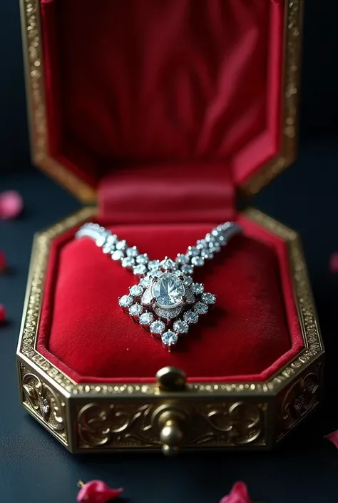  a diamond necklace inside a jewelry box from the front commercial style photo from the front