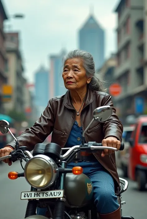 An 80 year old woman with gray hair wearing a leather jacket and jeans and boots, is riding a motorbike in a big city in Indonesia.  Portrait seen from the side of the camera 