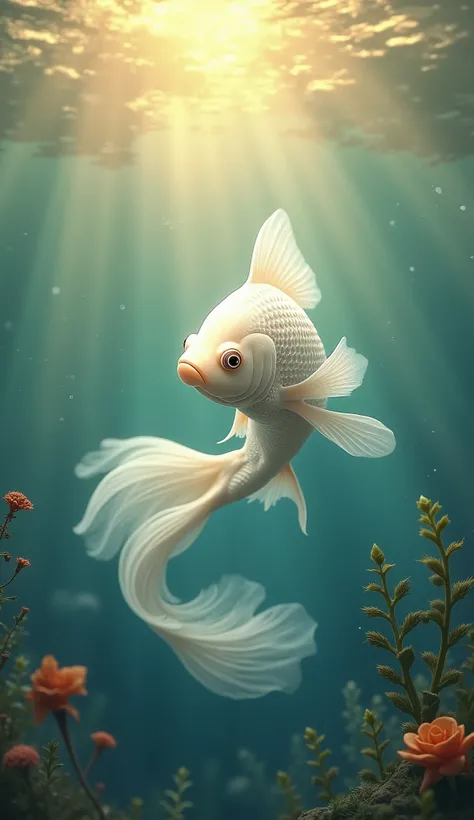 White goldfish。 underwater off the ocean。 gold background。