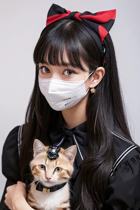  best quality, (Photographically:1.2),  1 girl , Alone,  detailed face ,  face focus to be interrogated,  standing,  black hair,( hair accessories:1.35), office lady holding kittens, Bow-Closure Sleeves , Put a mask on the , Ribbon trim,  wide sleeve , ( l...