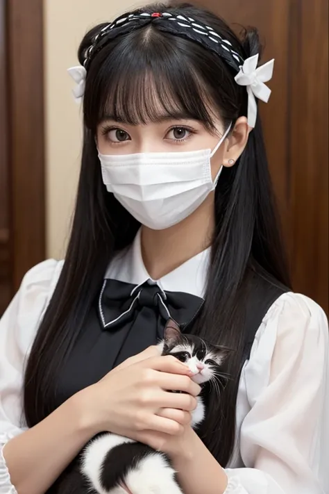  best quality, (Photographically:1.2),  1 girl , Alone,  detailed face ,  face focus to be interrogated,  standing,  black hair,( hair accessories:1.35), office lady holding kittens, Bow-Closure Sleeves , Put a mask on the , Ribbon trim,  wide sleeve , ( l...