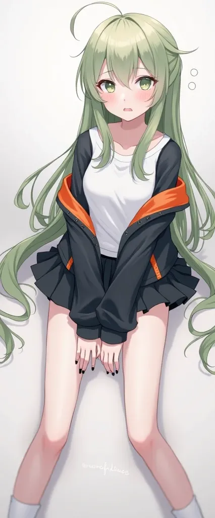 A teenage girl with green hair, long hair, sea green eyes, a black jacket with orange lining, a white crew neck shirt, a black mini skirt, and white stockings is staring at her with a disappointed expression.