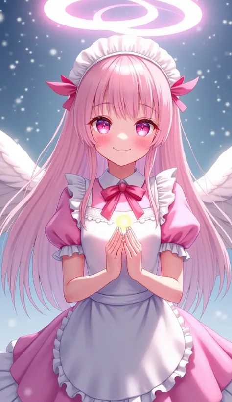  beautiful angel character： petite angel cosplayed in maid clothes、 white feathers on the back 、A light pink long hair 、A ring of angels overhead、 eyes shining pink 、My smile is gentle 、 holding a glowing wand in their hands 。The background is sparkling sn...