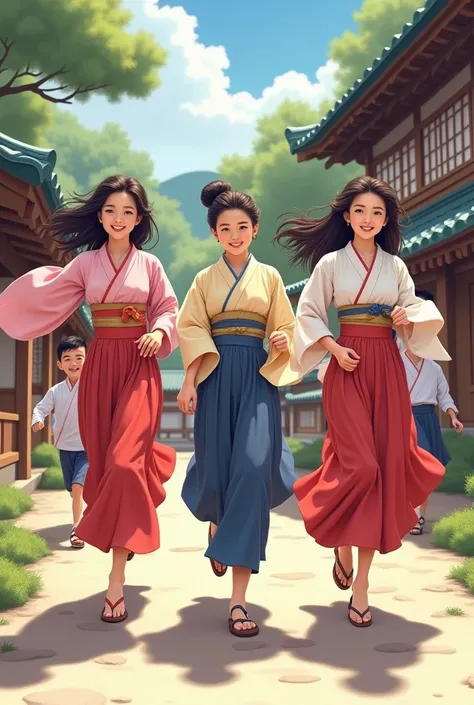 Three beautiful Korean s running with two little Korean boys smiling sweetly wearing Japanese clothes on the background of a Japanese house 