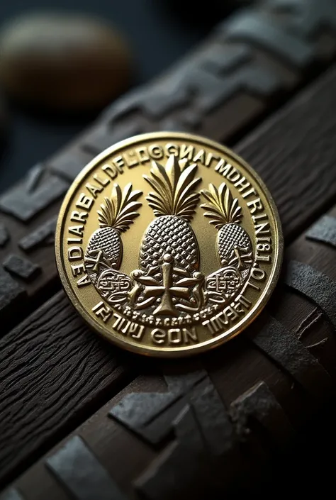 A coin  .   On the front is Dykhanie Sudé A Touch of Fate with the date 12.10.2024.   On the back there is a pineapple symbol  .  The coins are made of metal with complex details and realistic lighting ,  which underline its symbolic nature .