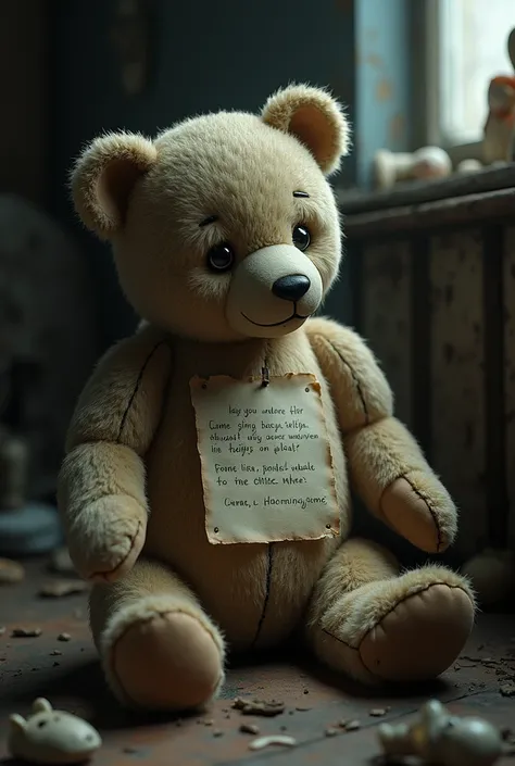  A note was pinned to old stuffed bear chest “Now I can see you better.”