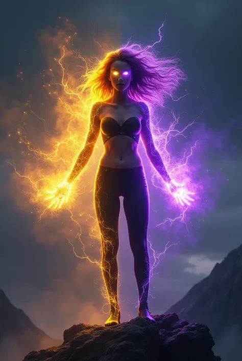 Duality same body, a woman, half yellow and half purple hair, glowing eyes, the left arm made with yellow energy lightning and sparks on her hand, the right arm made with purple crystal glowing on her hands. Sparks, lightning and crystals surrounding her b...