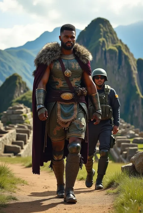 A giant muscular inka wearing military clothing and walking with a special forces human in Machu Picchu