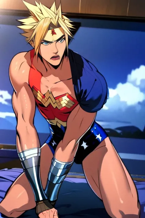 (  jump off high-definition CG ), ( Best Quality ), (  jump off high-definition CG ), ( Best Quality ), (Cloud Strife), (Overall view)cool and handsome face    ,The beauty of Wonder Womans costume, 18 years old,   Toned and muscular  ,  with a cool and han...