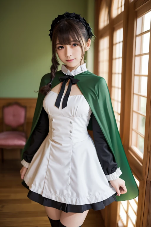 masterpiece,  best quality,  1 girl , Alone, Nahida_Genshin Impact,  cross-shaped pupil,  maid outfit ,  green cape ,  standing