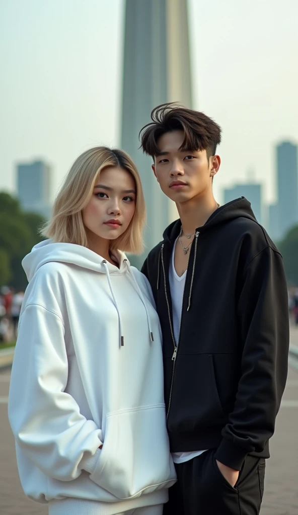 A young couple costume set that looks real，Hoodie, girl artis avril lavigne white and korean boy in black with a little bit tattoos , Korean star  , face to camera ,jakarta indonesia monas city Background， Hip Hop Style 