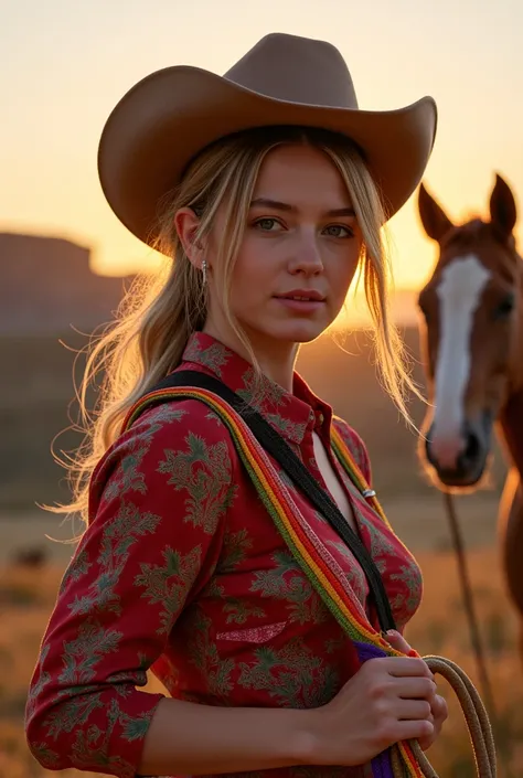 A 18 yr beautiful, attractive & strong lookinggirl, cyberspace cowgirls wearing costume, American facial features. Wearing a cyberspace cowboy hat, wearing a colorfull illuminating  cowboy attires, with a beautiful, strong horse by her side, holding and wh...