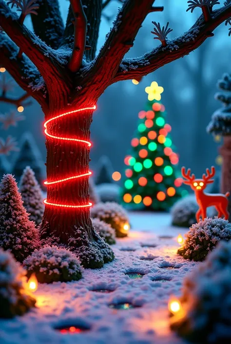  A Magical Garden Decorated for Christmas ,  Filled with bright, festively colored lights .  A Tree Wrapped in a Red Glowing Garland 々, green, green, Money and.  A small warm light outlines the winding path ,  Christmas Deer Figure , star,  and snowflakes ...