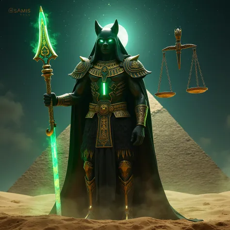 Egypt  (Titan Anubis )
Costume Design :
 Obsidian black armor with golden glowing hieroglyphic carvings all over its body .  A wolf head-shaped chest protector with flaming green eyes .  His long cape resembles a mummys sheath ,  decorated with blue glowin...