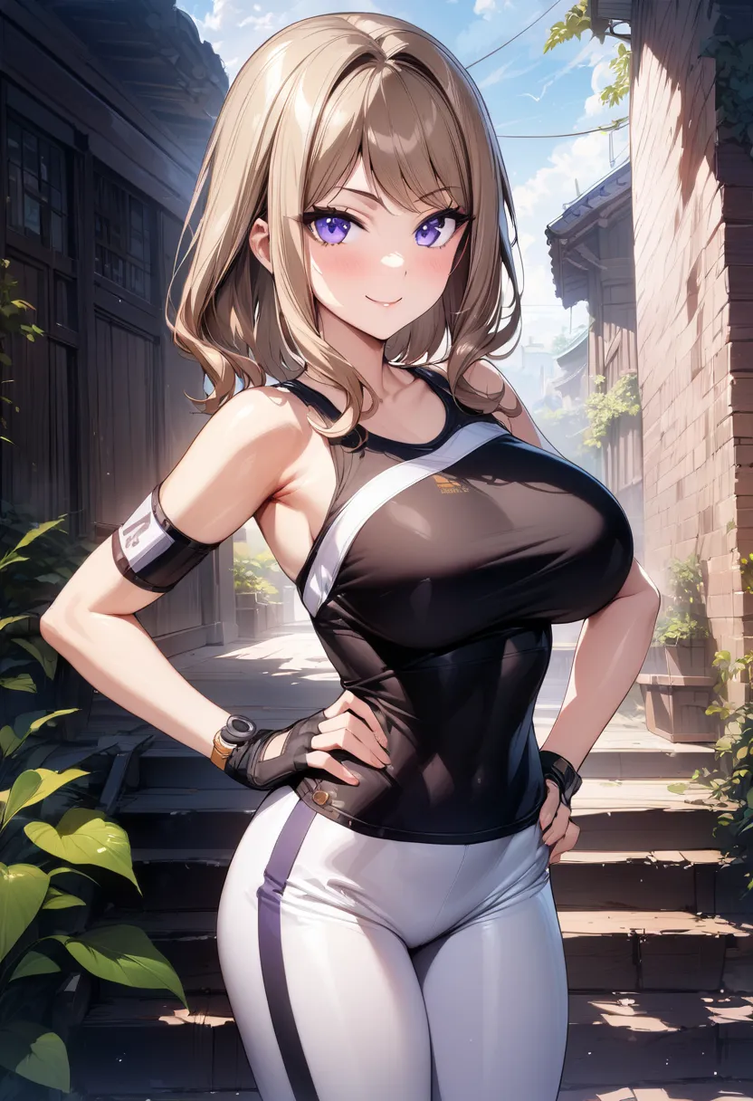 suminoe_shion, light brown hair, purple eyes, large breasts, bangs, black shirt, black sportswear, bare shoulder, knee guard, fi...