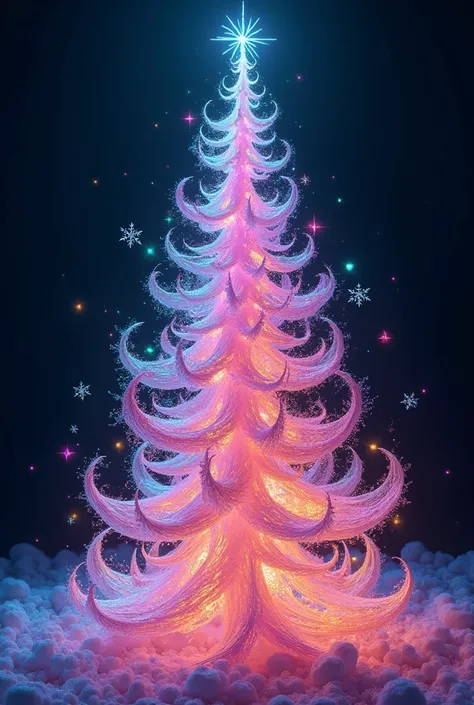 Fractal,christmas tree , Fractal аэрография из лент и линий завитушки на черном фоне, neon-iridescent ,  beautiful transparent ribbons made of fluids ,  flying around ,  neon-iridescent inner glow ,  Christmas balls and icicles outline .  Ricardo Chavez Me...