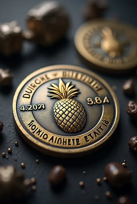 A coin   .   auf der Vorderseite steht written  Russian reading “Дыхание судьбы” (A touch of fate), written ,A Touch of Fate with the date    ,,12.10.2024,,.    On the back there is a pineapple symbol   .    The coins are made of metal with complex details...