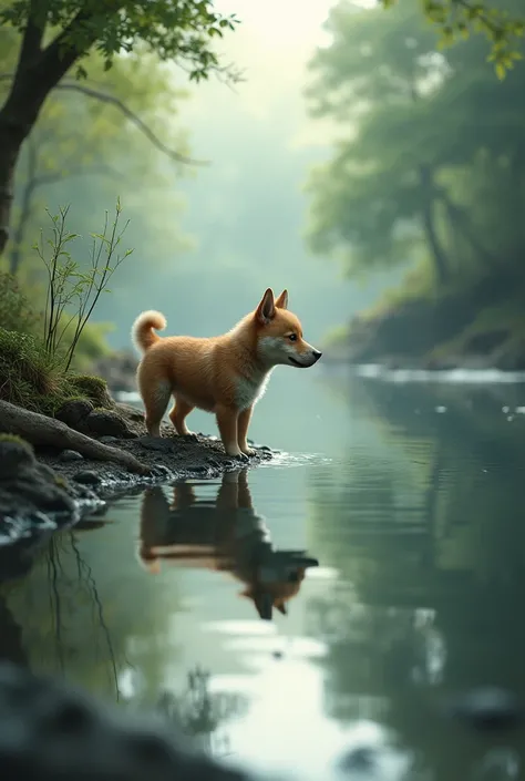 The dog saw a river and his reflection 