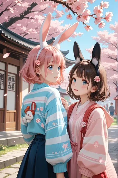 In a vibrant cherry blossom park, two animated characters stroll along a scenic path. The first character has pink hair and cat ears, exuding a whimsical charm, wearing a stylish layered outfit. The second character features brown hair and bunny ears, dres...