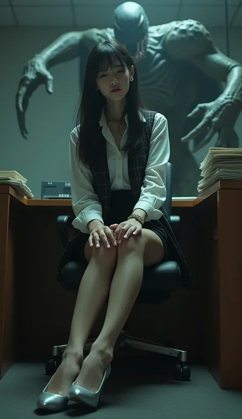 ((Horror:1.9, 32K:1.8, Photographically:1.8,  best quality:1.8, masterpiece:1.8,  ultra high resolution:1.8)),   High Resolution Skin and Face Textures ,  professional low angle camera work,  cinematic lighting , ( sexy:0.5, Tall Japanese Woman:1.0, OL:1.3...