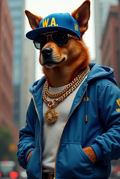 Hip hop dog, big dog, rapper dog, sunglasses, fresh fitted hat that says "W.A.", gold chains, trendy clothes, trendy fashion, outfit is blue and white