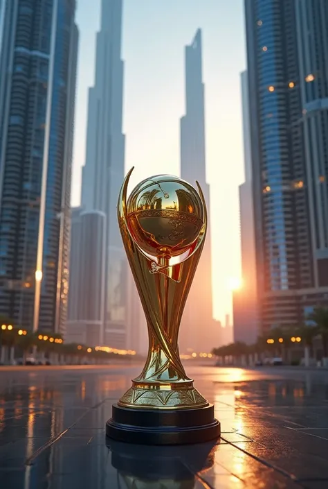 Make a picture for me where there is tall building of dubai and and one should be IPL trophy. Trophy should be of IPL.