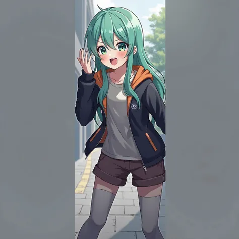 A teenage girl with green hair, long hair, sea green eyes, a black jacket with orange lining, a white crew neck shirt, brown shorts, and white stockings is staring at the face with a shocked and very blushing expression.