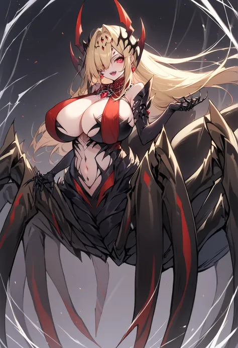 1girl, spider queen, Arachne, Arachne queen, black spider body, long hair, hair intakes, hair over one eye, red eyes, 3 eyes, sharp claws, chitin dress, center opening, huge breast, big sharp chitinous spider legs, sharp teeth, female monster, giant girl, ...