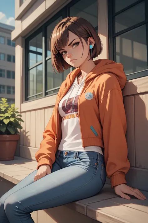 Masterpiece, 1 girl, teenager, brown hair, bob cut, serious expression, hoodie, jeans, earphones, brown eyes