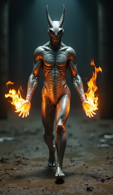 4d, ultra realistic, ultra highly detailed, perfect lighting, brightness and sharpness, professional photo shot, professional photography, masterpiece, 8k render, a silver-scaled snake-man humanoid figure with two small horns on its forehead is walking and...