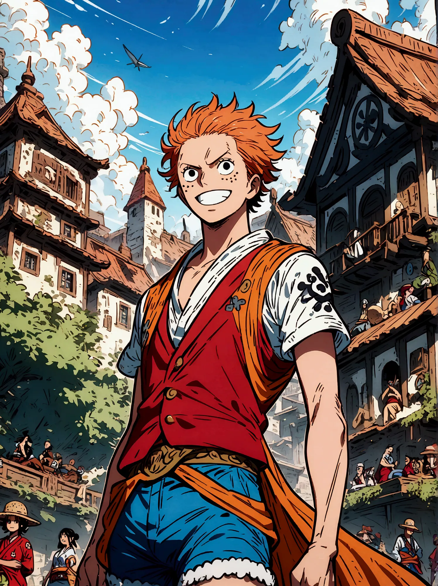 japanese anime one piece, create an expansive illustration reminiscent of the popular action-adventure anime series.  short, spi...