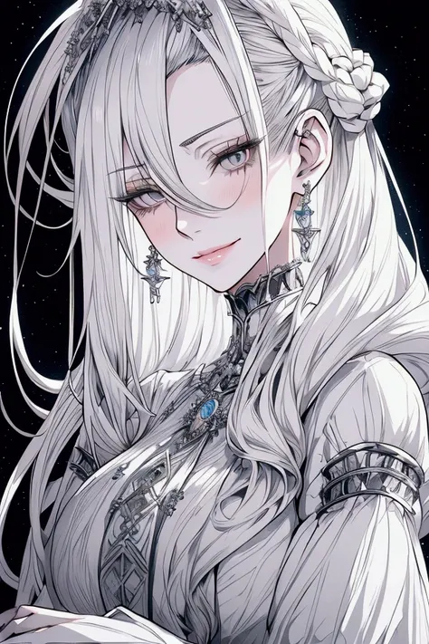 Create a detailed anime illustration of a mature woman with long silver-white hair, icy grey eyes, high cheekbones, sharp chin, slender and lithe body with curves, dressed in a regal white gown, lips curled up slightly in a sad smile. 