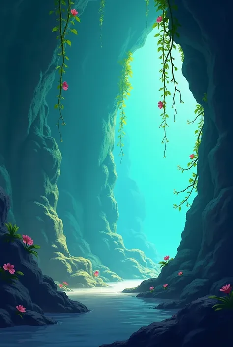 2d cave background for videogames, vague background details with bluish green vibrant colours also add some vines