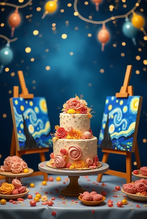 Help me create a birthday party with a starry night theme and twirls in a vase by Vicent Van Gogth creates the cake table
Generate real images 
 When you need to add people
Add art canvases, place candies on the table. 

