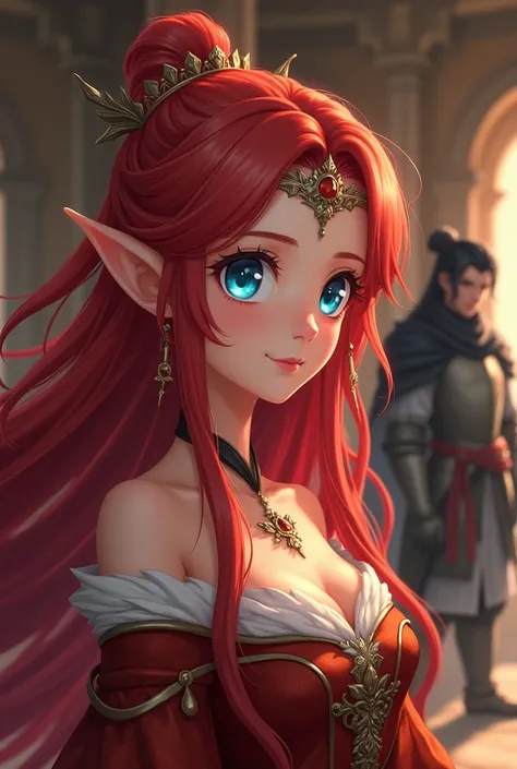 Anime princess woman. She has a long red hair and blue eyes. She wear a traditional kingdom royal outfit with tiara. Background in the palace with a knight far behind her with black hair and full of scars in his face and blind right eyes. POV from her head...